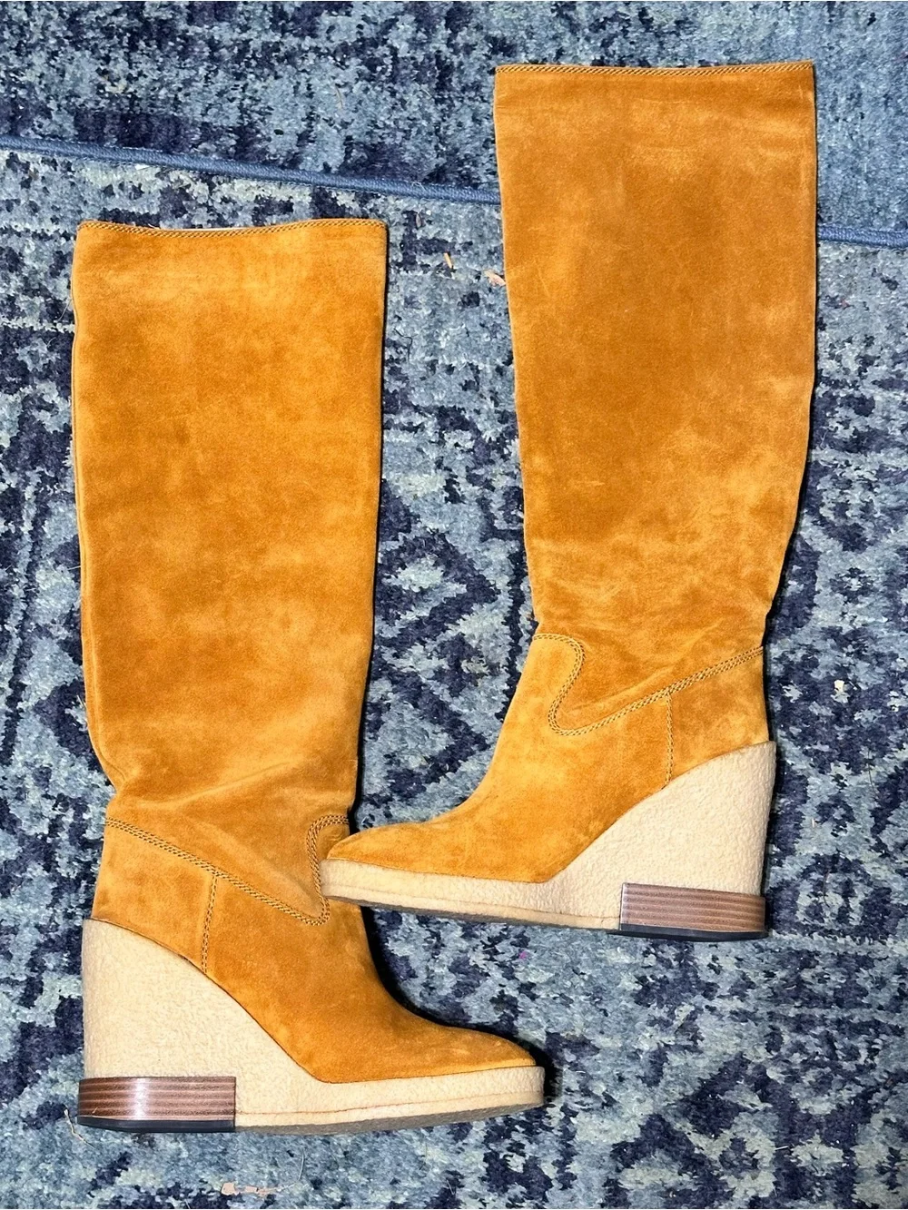 Tod’s Mustard tan Suede Wedge Knee-High Boots new with box full set 40 /9 NWT